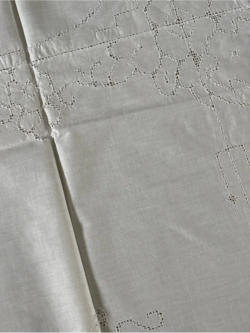 Vintage Richelieu Embroidered Cut Work White Linen Blend Tablecloth Floral Motif